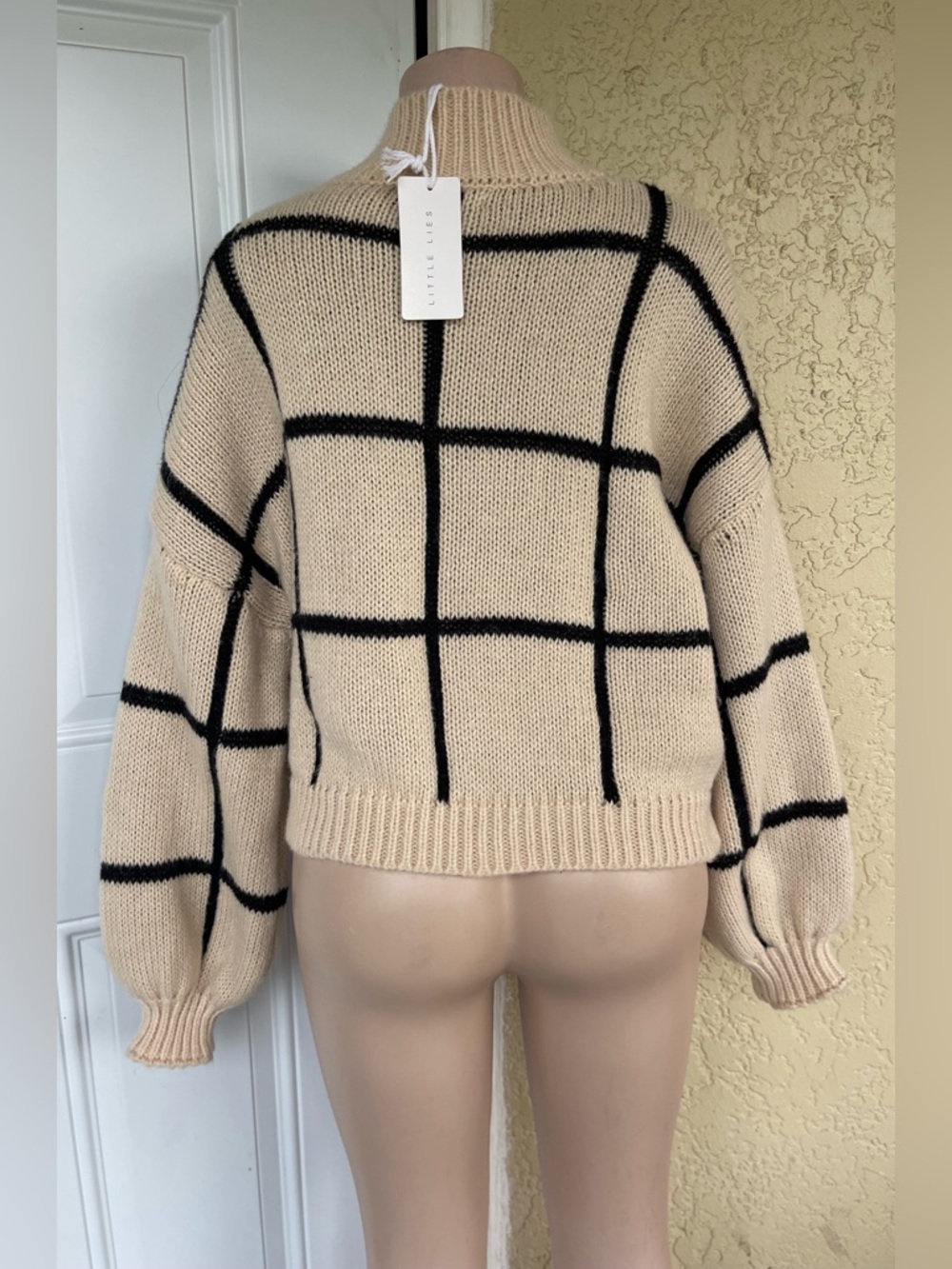 Little Líes Cream Windowpane Turtleneck Sweater with Black Grid - Picture 3 of 10
